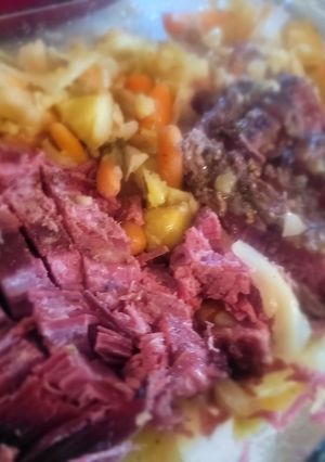 A picture of Beer Corned Beef Brisket w/Cabbage and Veggies in Slow Cooker.