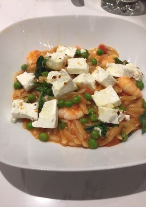 A picture of Prawn, tomato and feta orzo.
