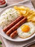 Arroz com Salsichas Fritas e Batatas de Pacote