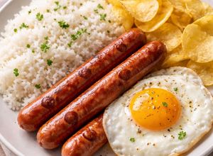 Foto de Arroz com Salsichas Fritas e Batatas de Pacote