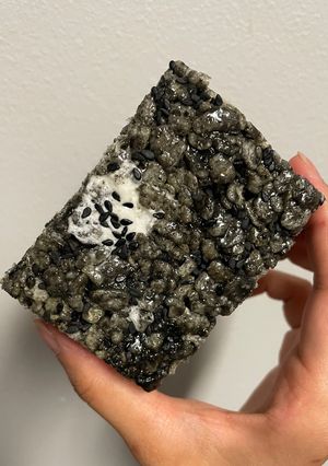 A picture of Black sesame paste rice krispies.