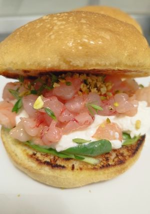 A picture of Gourmet Sandwich with Burrata and Raw Shrimp.