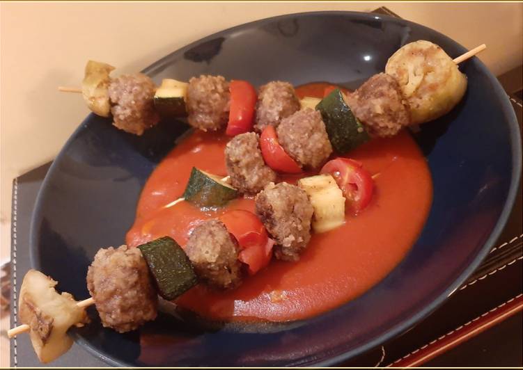 Simple Way to Prepare Speedy Meatballs and Roasted Veg Skewers