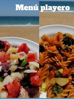 Una foto de Ensalada de pulpo y espirales de lenteja roja con verduras