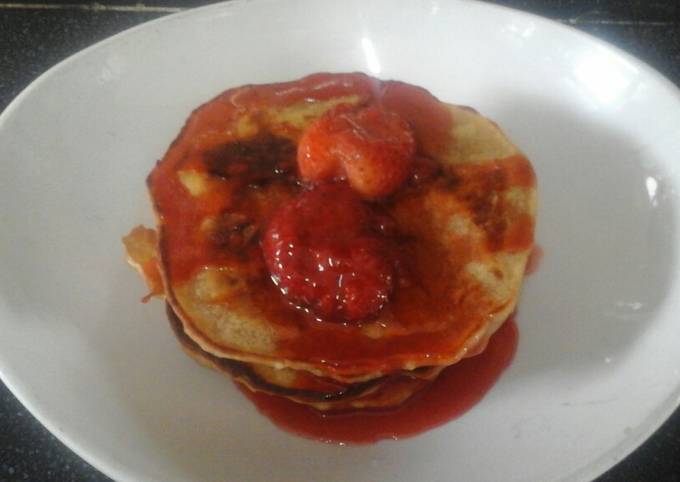 Simple Way to Make Traditional Vegan Pancakes with Strawberry sauce for Breakfast Food