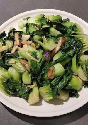 A picture of Stir-Fried Bok Choy with Shiitake Mushrooms.