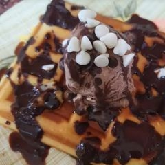 A picture of Waffle with chocolate ice cream.