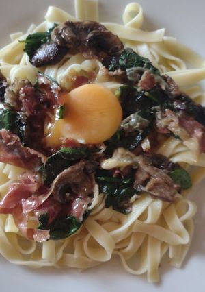 A picture of Pasta with Prosciutto and Cambozola. #mycookbook #lovepasta.