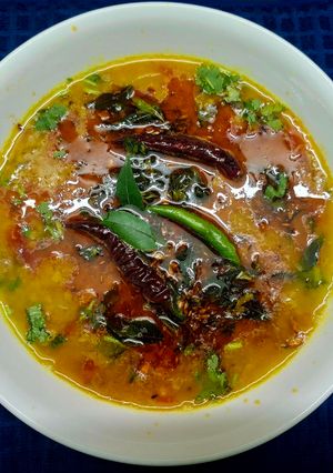 A picture of Masoor Dal with Tomato and Curry Leaf Tadka.