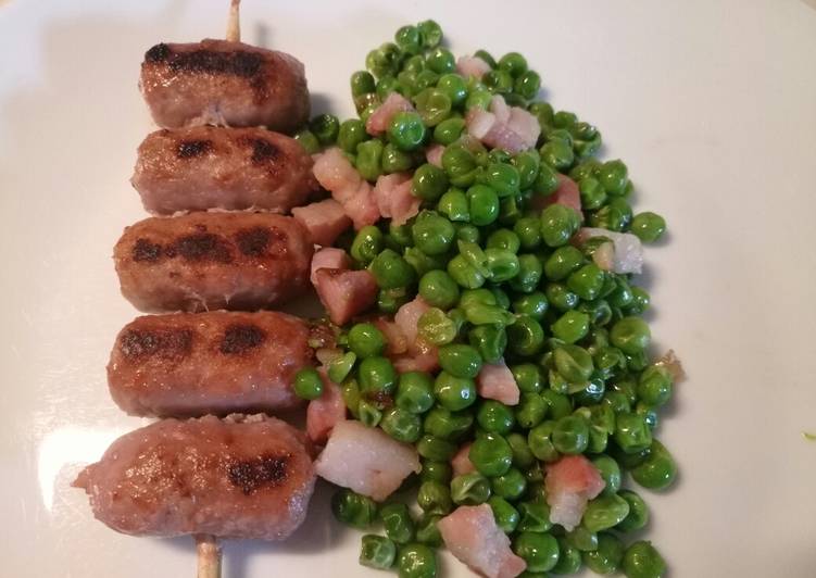Steps to Make Super Quick Homemade Mini sausage skewers with pancetta and peas
