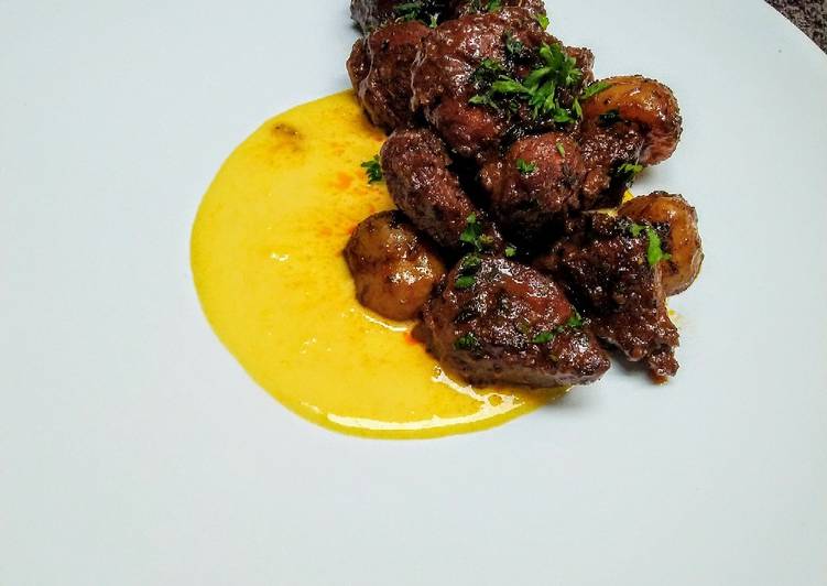 Pan roasted Pork Shoulder with Buttermilk Gravy and Corn Puree