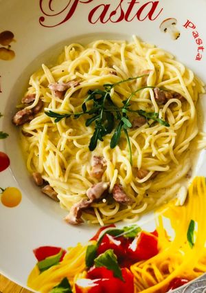 O poză a rețetei Spaghete carbonara cu smântână lichidă!.