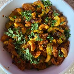 A picture of Kaju, karela batetanu shakCashews, Bittergourd and potato curry.
