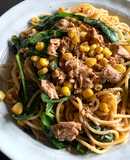 Tuna, Corn & Spinach Spaghetti with Garlic Butter & Soy Sauce