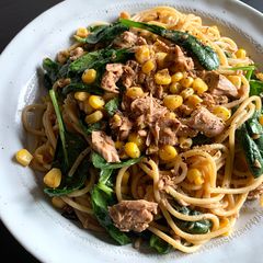 A picture of Tuna, Corn & Spinach Spaghetti with Garlic Butter & Soy Sauce.