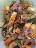 Sayur asin masak tahu kuning dan daging sapi
