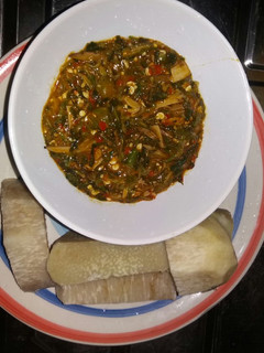 A picture of White yam with local sauce.