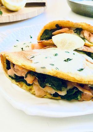 Foto de Crepes de açafrão com espinafres e salmão fumado