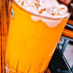 Mango milkshake with vanilla ice cream A picture of Mango milkshake with vanilla ice cream.
