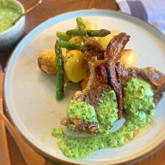 A picture of English Lamb, Asparagus, New potatoes and a chimichurri sauce!.