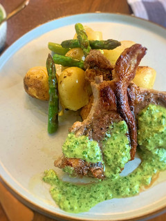 A picture of English Lamb, Asparagus, New potatoes and a chimichurri sauce!.