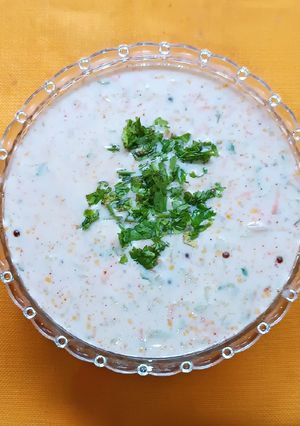A picture of Carrot Cucumber Tempered Raita.