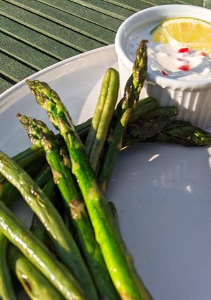 A picture of Asparagus & Green Beans with Chilli Lime Dip.