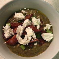 A picture of Copy of Broccoli and Pea Soup with Chorizo and Cheddar Cheese.