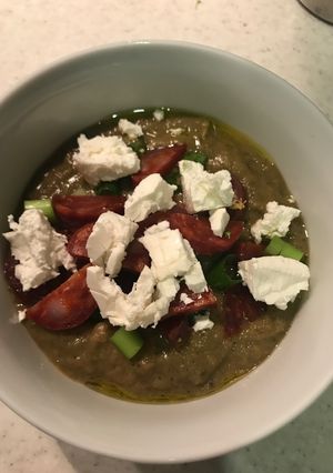 A picture of Copy of Broccoli and Pea Soup with Chorizo and Cheddar Cheese.
