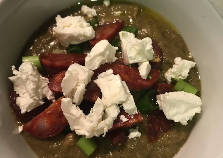 Copy of Broccoli and Pea Soup with Chorizo and Cheddar Cheese