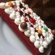 Red valvet cake covered with whipped cream