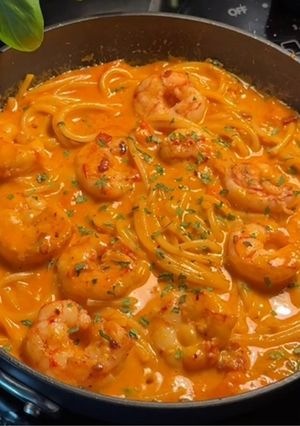 A picture of Spicy bacon and shrimp gochujang pasta.