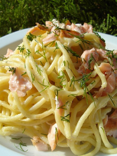 A picture of Spaghetti with Fresh Salmon.