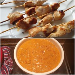 A picture of Chicken skewers with Satay Sauce.