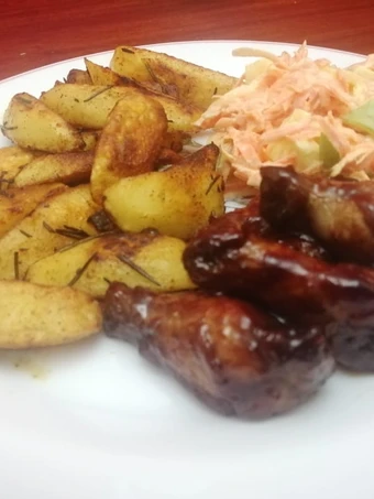 Easy Way Make Garlic,rosemary potato wedges with sticky wings which So Delicious