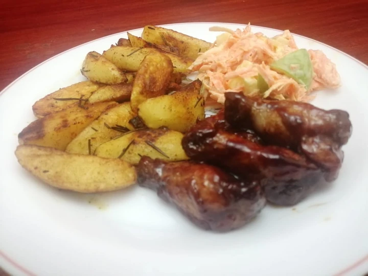 Easy Way Make Garlic,rosemary potato wedges with sticky wings which So Delicious