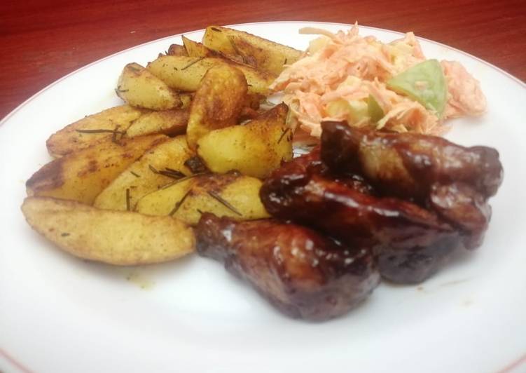 Recipe of Ultimate Garlic,rosemary potato wedges with sticky wings