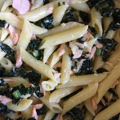 A picture of Garlic Butter Salmon and Cavalo Nero Pasta.