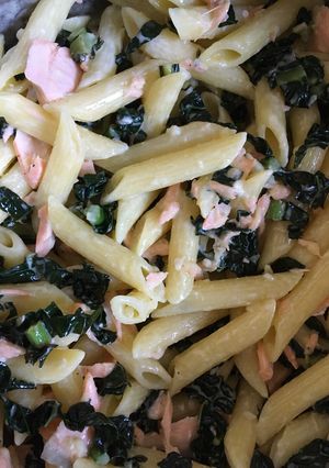 A picture of Garlic Butter Salmon and Cavalo Nero Pasta.