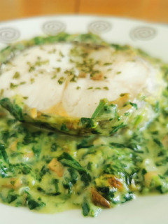 Una foto de Merluza al horno sobre bechamel de espinacas y champiñones
