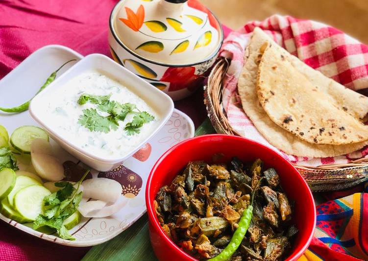 Steps to Prepare Ultimate My favourite lunch Masala Bhindi & Cucumber Raita
