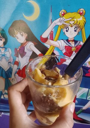 Una foto de Godet flan de vainilla con chocolinas