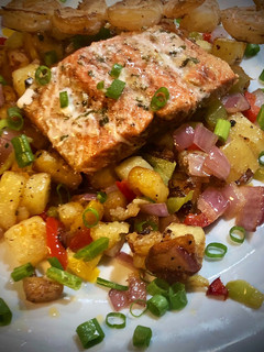 A picture of Grilled Sockeye Salmon with Rustic Hash.