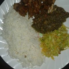A picture of Boiled Rice,barbecue beef steamed cabbage#local dish challenge.