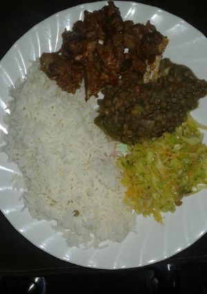 A picture of Boiled Rice,barbecue beef steamed cabbage#local dish challenge.