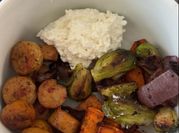 A picture of brussel sprouts and sausage