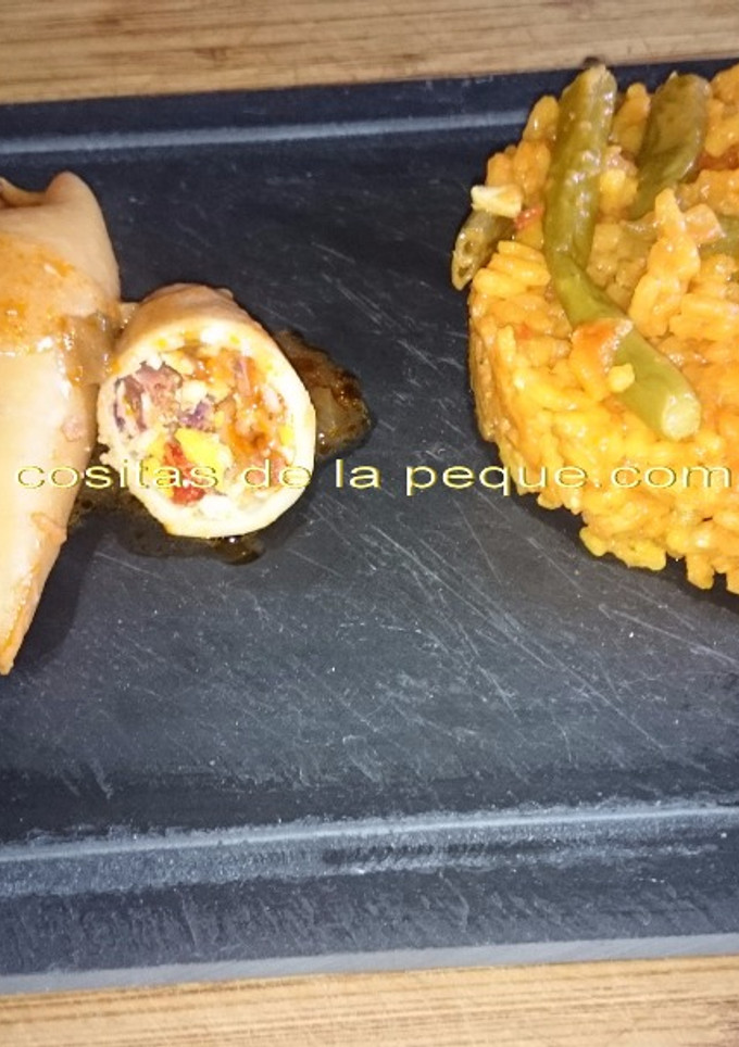 Una foto de Calamares rellenos con arroz y verduras