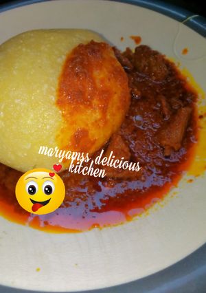 A picture of Eba and stew.