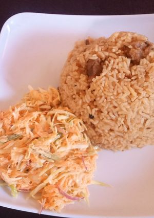 A picture of "Traditional" Swahili beef pilau and coleslaw.