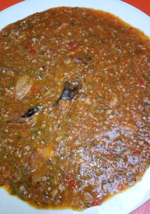 A picture of Okro soup with dry fish.